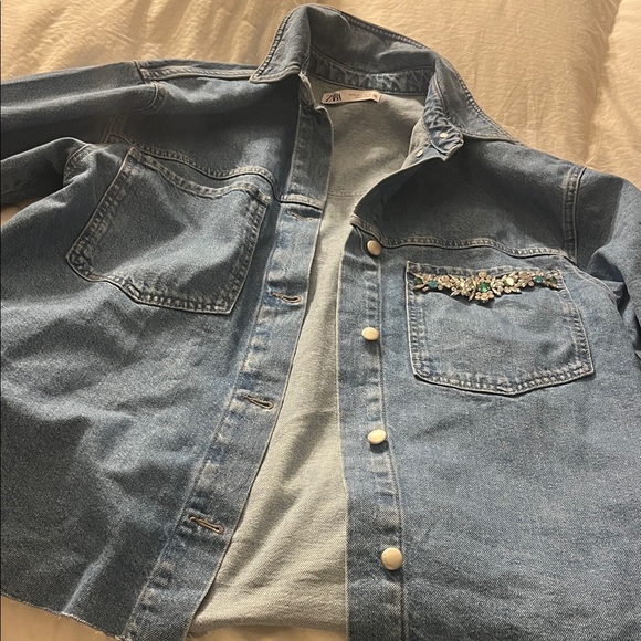 Zara Light Blue Denim Jacket with Floral Detail - Picture 1 of 8